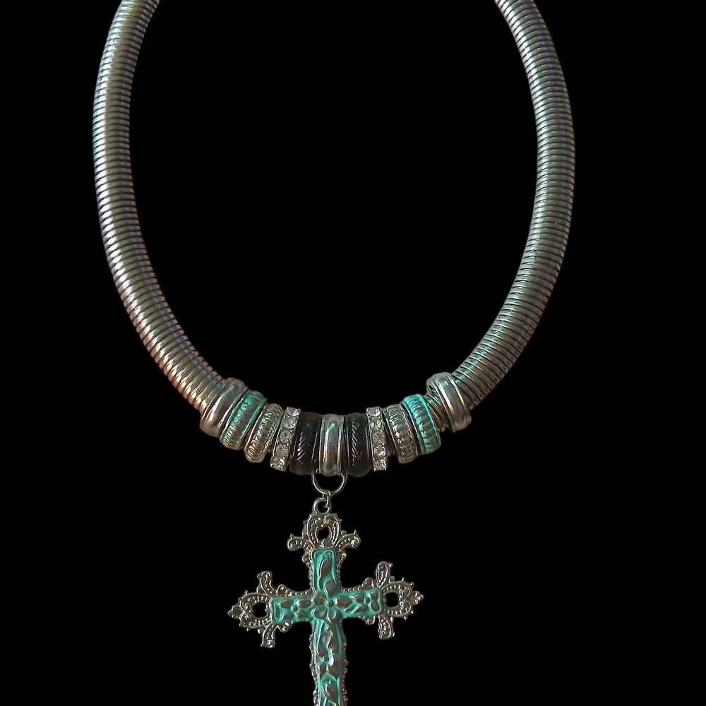 Silver and Turquoise Tinted Cross Necklace